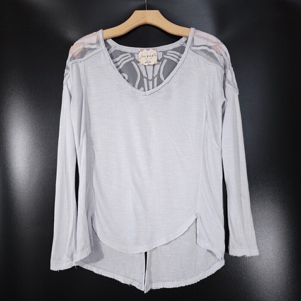 FREE PEOPLE Gatsby Sheer Mesh Back Long Sleeve Tunic Top Dove Grey 90s Boho XS